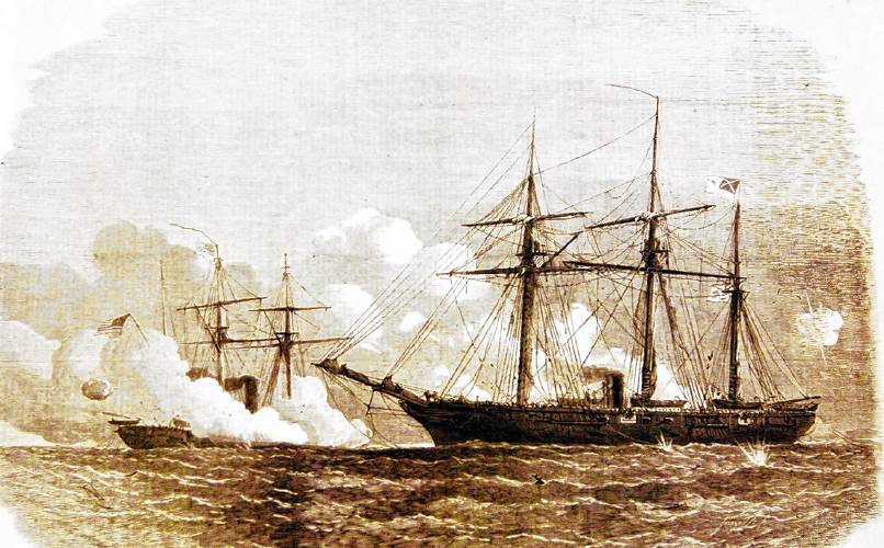 The Kearsarge and Alabama in battle. The Kearsarge and Alabama in battle.
