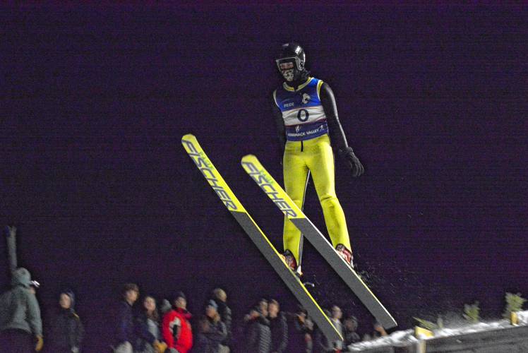 Merrimack Valley’s Wyatt King flies through the air in a ski jumping competition at Plymouth. King finished 14th. Merrimack Valley’s Wyatt King flies through the air in a ski jumping competition at Plymouth. King finished 14th.