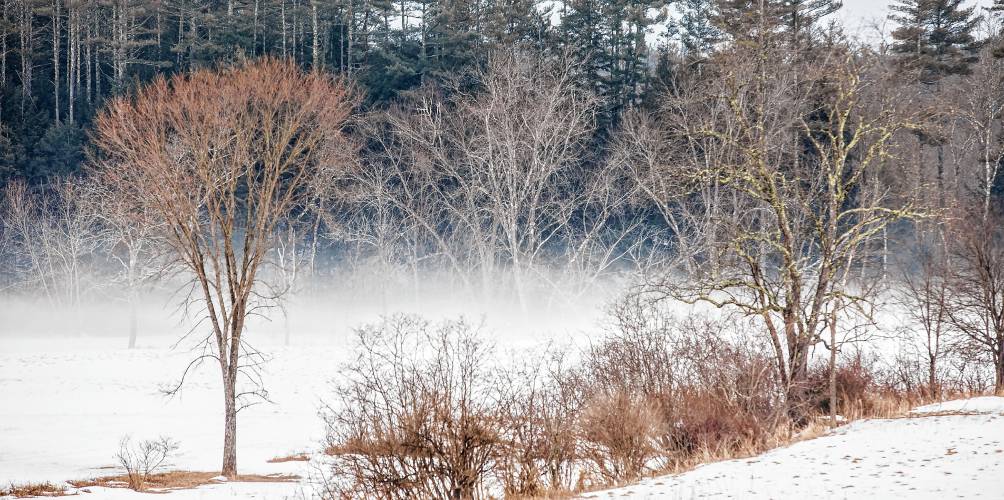 Fog rises off of the Suncook River in Chichester near fields off of Route 28 in 2019.