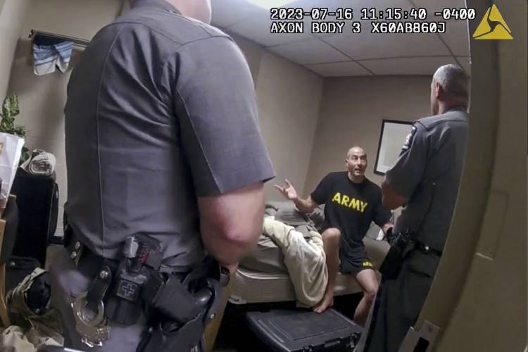 In this image taken from New York State Police body camera video that was obtained by WMTW-TV 8 in Portland, Maine, New York State police interview Army Reservist Robert Card, the man responsible for Maine's deadliest mass shooting, at Camp Smith in Cortlandt, New York on July 16, 2023. Army officials will testify Thursday, March 7, 2024 before a special commission investigating the deadliest mass shooting in Maine history, which was committed by a former reservist. (WMTW-TV 8/New...