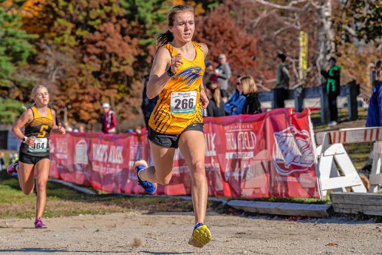 Bow’s Hannah Pawlowski races towards the finish line in the NHIAA Division II cross country championship at Derryfield Park in Manchester on Saturday. Pawlowski was the top Capital Area finisher in the girls’ race, finishing 11th to advance to the Meet of Champions.