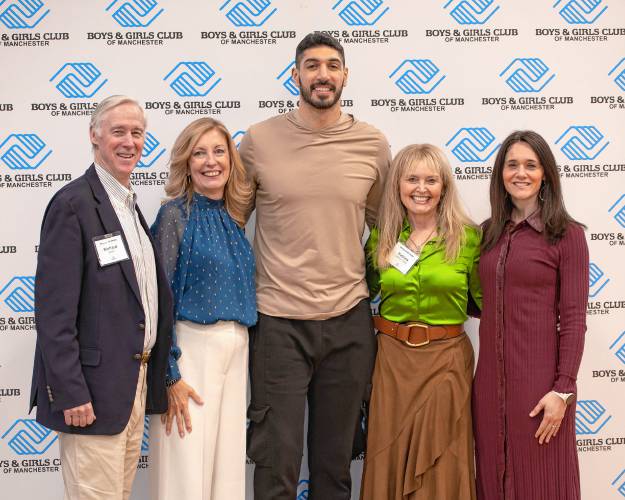 From left, Richard Swett, Diane Fitzpatrick (BGCGM CEO), Enes Kanter Freedom, Dr. Katrina Lantos Swett (Lantos Foundation for Human Rights & Justice president), and Chelsea Hedquist (Lantos Foundation for Human Rights & Justice executive director).