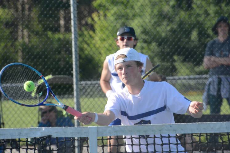 Kearsarge’s Graham West returns a shot against Plymouth in the NHIAA Division III championship at Memorial Field last May. West is one of just two returning starters for Kearsarge this season.