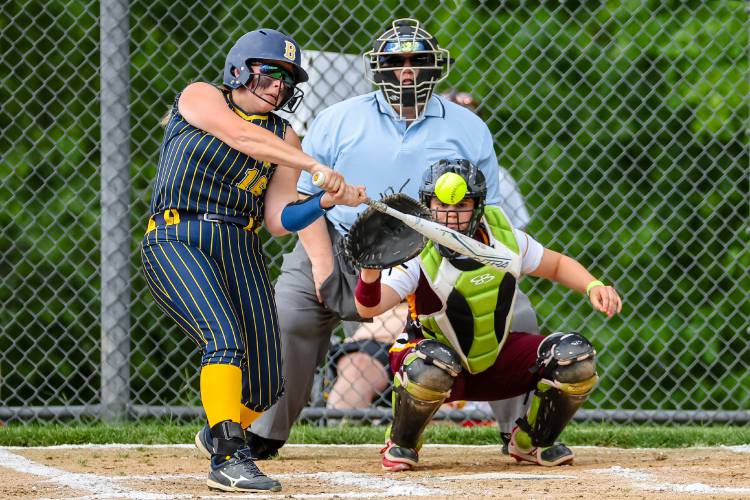 Bow’s Stella Wantuck swings at a pitch during last year’s Division II first-round playoff game against Lebanon. Wantuck is part of a very strong sophomore class that led the Falcons to the final four as freshmen.