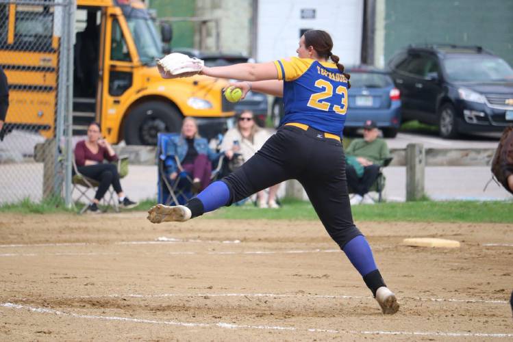 Sophomore pitcher Lily Cornell (23) smashed Franklin's career softball strikeouts record against Sunapee on May 16th.