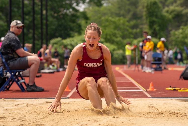 Concord’s Ella Goulas competes in the long jump at the Meet of Champions on Sunday at Oyster River High School. Goulas won both the long jump and triple jump, and also ran a leg on Concord’s champion 4x100 relay.
