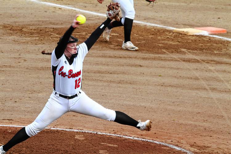 Kylie Bieniek delivers a pitch for Coe-Brown during the Bears' 6-0 win over Sanborn on Wednesday, May 8, 2024. 