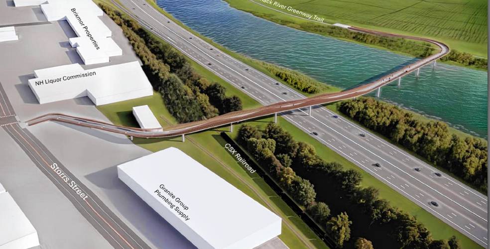 Renderings show what just a bridge would look like if placed at the southern location, connecting to Storrs Street by Theatre street. Excluding a deck, the bridge would be around 25 feet wide, with separate lanes for bicyclists and foot traffic. 