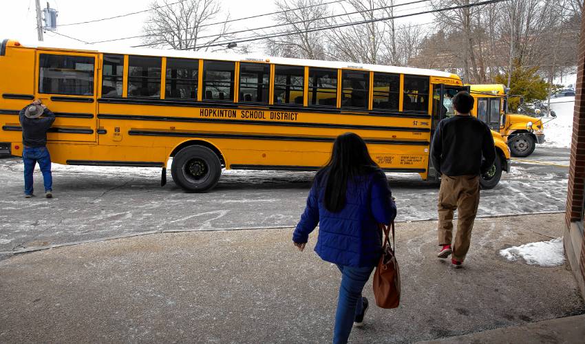 Concord Regional Technical Center students leave for Hopkinton High School after the morning session on Thursday, February 20, 2025. At 11:15, the bus arrives with students for the second session as the students from the first session of classes lets out. Concord Regional Technical Center students leave for Hopkinton High School after the morning session on Thursday, February 20, 2025. At 11:15, the bus arrives with students for the second session as the students from the first session of classes lets out.