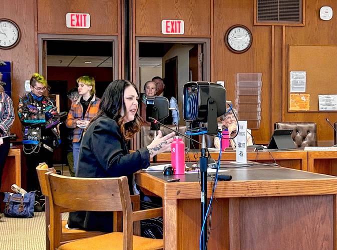 Rep. Lisa Mazur, a Republican who represents Goffstown and Weare, responds to a question from another lawmaker while introducing her House Bill 377, which would ban puberty blockers and hormone therapy for minors.