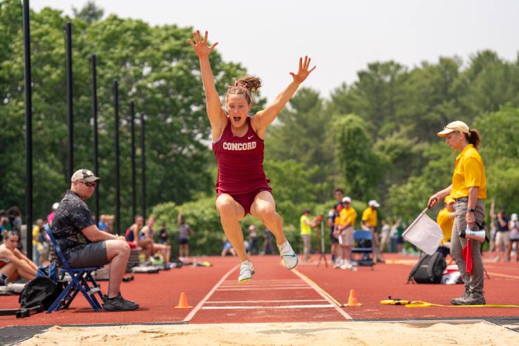Concord’s Ella Goulas competes in the long jump at the Meet of Champions on Sunday at Oyster River High School. Goulas won both the long jump and triple jump, and also ran a leg on Concord’s champion 4x100 relay.