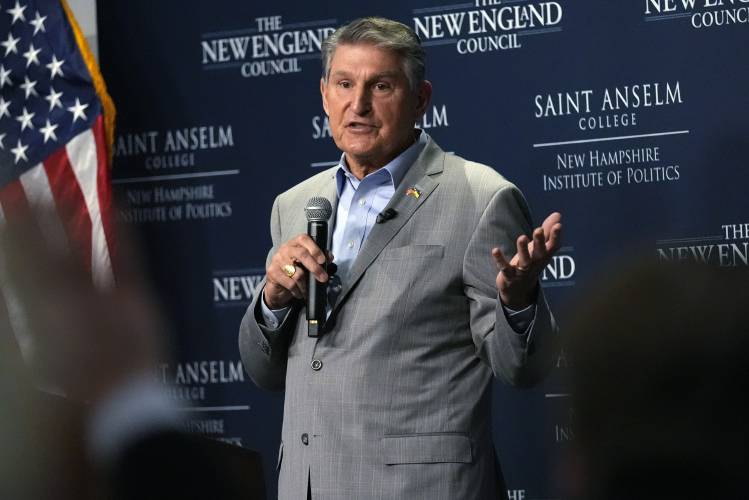 Sen. Joe Manchin, D-W.Va., speaks during the 'Politics and Eggs' event, as part of his national listening tour, Friday, Jan. 12, 2024, in Manchester, N.H. Sen. Manchin announced last November that he would not seek reelection in 2024 and has teased a potential third-party run for the presidency. (AP Photo/Charles Krupa)