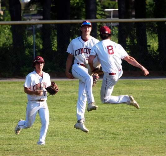 Nathaniel Wachter (center) and Zach McCoy (right) gave the Concord High baseball team plenty of bounce during a run to the Division I baseball semifinals last year. But both are gone — part of an 11-player graduating class — and although this year’s Crimson Tide also has plenty of seniors, most have had limited exposure to varsity play.