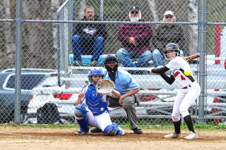 Coe-Brown leadoff hitter Haile Comeau prepares to swing at a pitch during the Bears' 6-0 win over Sanborn on Wednesday, May 8, 2024. Comeau was 4-for-4 at the plate with two doubles in the win.