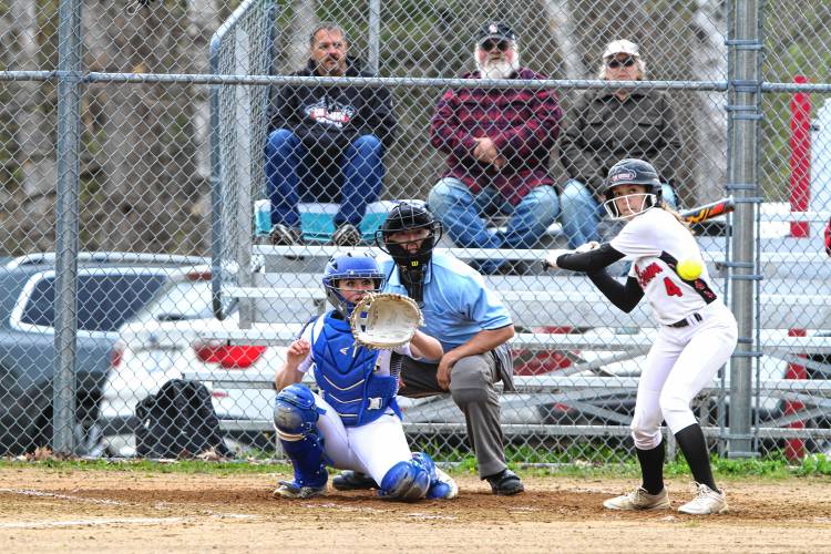 Coe-Brown leadoff hitter Haile Comeau prepares to swing at a pitch during the Bears' 6-0 win over Sanborn on Wednesday, May 8, 2024. Comeau was 4-for-4 at the plate with two doubles in the win.