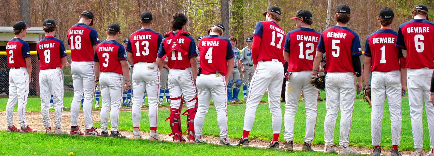 The Belmont baseball team wears jerseys to honor Jake Deware, a former BHS student who died in 2020, ahead of the Red Raiders’ game against Winnisquam on  May 6.