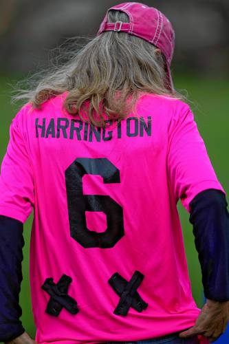 Bethany Harrington with her tee shirt showing two XX chromosomes on the sidelines of the Bow girls soccer game on Tuesday, September 24, 2024.