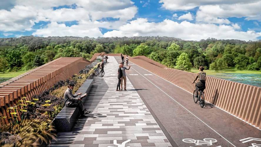 Renderings show what just a bridge would look like if placed at the southern location, connecting to Storrs Street by Theatre street. Excluding a deck, the bridge would be around 25 feet wide, with separate lanes for bicyclists and foot traffic. 