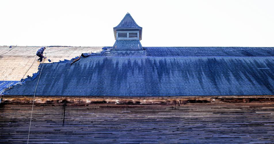 A roofer from Millstone Construction removes old shingles from the Houston Barn. The worker was attached to two different harnesses as he was removing roofing materials.