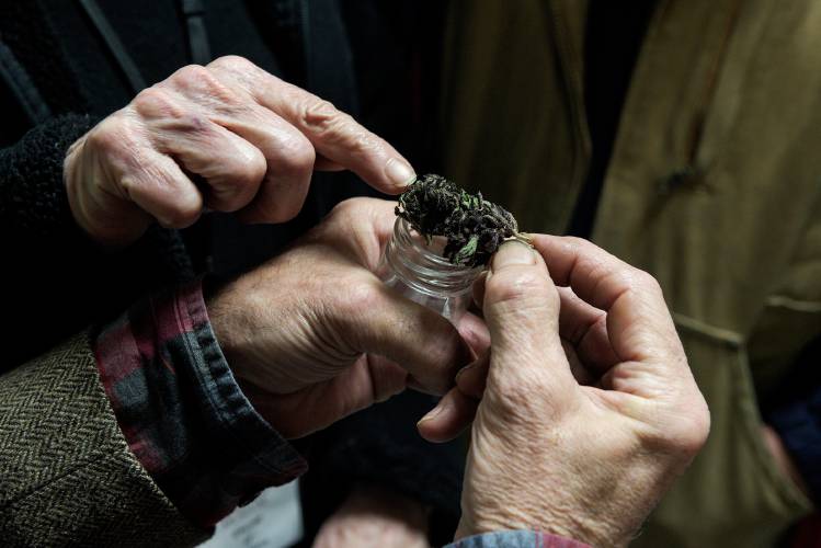 Customers look over a marijuana bud brought to be tested for its potency at White River Growpro in White River Junction, Vt., in 2018.