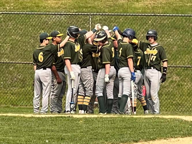 The Bishop Brady baseball team celebrates a victory on last May 24. The Giants finished 16-2, making it to the Division III semifinals. This year’s squad is compensating for players lost to injury in other sports during the baseball offseason.