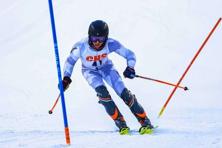 Concord’s Lucas Golden competes at the Capital Cup Alpine ski race on Wednesday at Proctor Academy. Golden finished second in the boys’ slalom, leading Concord to third as a team.