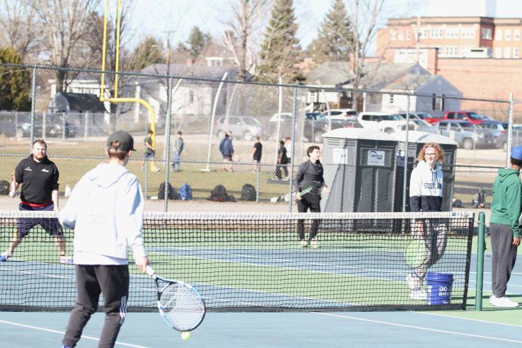 The Concord team practices at Memorial Field’s tennis courts in preparation for the upcoming season. Pictured (left to right) are assistant coach Richie Clar, freshman Roman Kendziora, senior Jonah Gaby, junior Weston Koerber and junior Ben Amini.