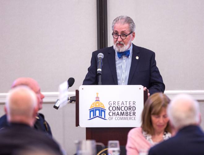 Mayor Byron Champlin delivers his State of City address at the Greater Concord Chamber of Commerce event on Thursday, April 24, 2025.