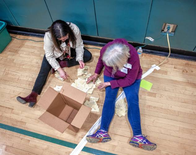 Hopkinton poll attendants Catharine Matteo (left) and Beth Clark count the SB2 votes behind the podium during the school district meeting on Saturday, March 9, 2024.