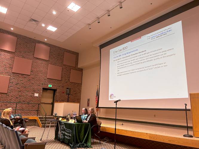 Leah McKenna, administrator, and Jamie Colby, supervisor, from DES' Solid Waste Management Bureau, speaking at Monday's public hearing held at the DMV Auditorium in Concord.