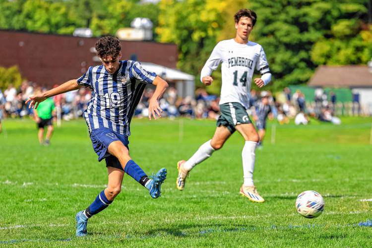 Merrimack Valley striker Logan Vong shoots on target against Pembroke on Saturday morning during MV’s homecoming.