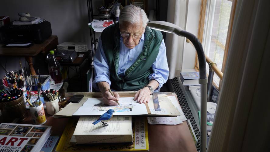 Artist Robert Seaman works on his 365th daily doodle in his room at an assisted living facility Monday, May 10, 2021, in Westmoreland, N.H. Seaman, who moved into the facility weeks before the COVID-19 pandemic shutdown his outside world in 2020, recently completed his 365th daily sketch, or what he calls his 