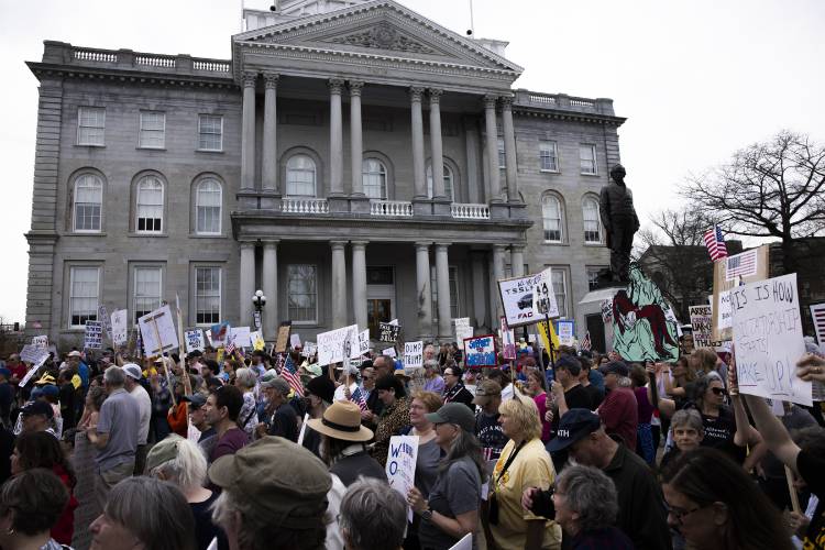 The protests at the New Hampshire State House keep getting larger every Saturday. Besides the entire plaza being full of protesters, Main Street had people on both sides of the streets from Park Street to School Street on Saturday, April 19, 2025.