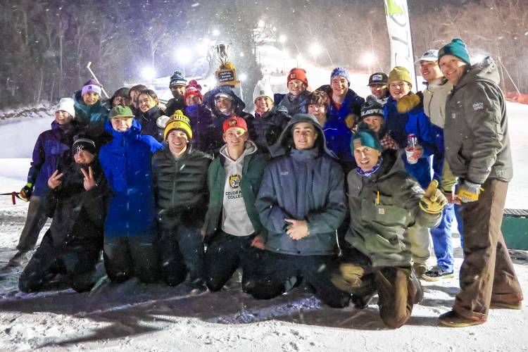 The Hopkinton Hawks Alpine ski team celebrates its third consecutive Capital Cup championship on Wednesday at Proctor Academy.