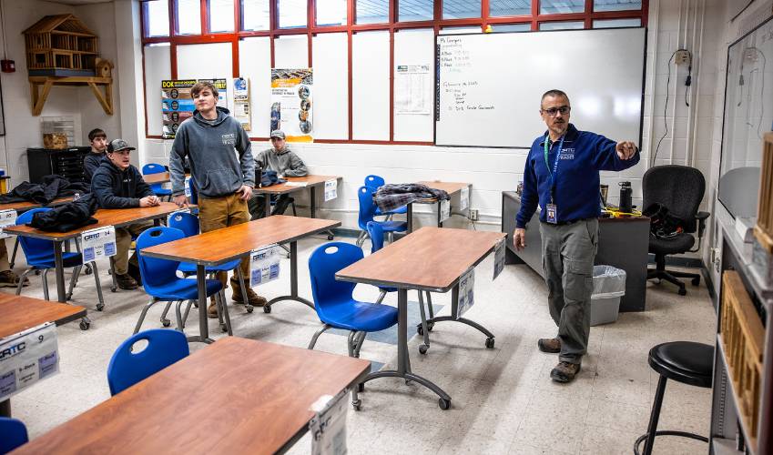 Jesse Gregoire, construction trades teacher at Concord Regional Technical Center (CRTC), starts the classroom portion at Concord High School on Thursday, February 20, 2025. Gregoire was honored as a Distinguished Educator by the Concord School District in 2024.
