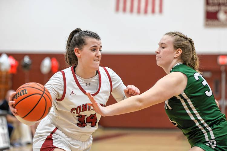 Concord senior Sofia Payne dribbles the ball against Dover’s Lila Pellatt during Friday night’s regular season finale.