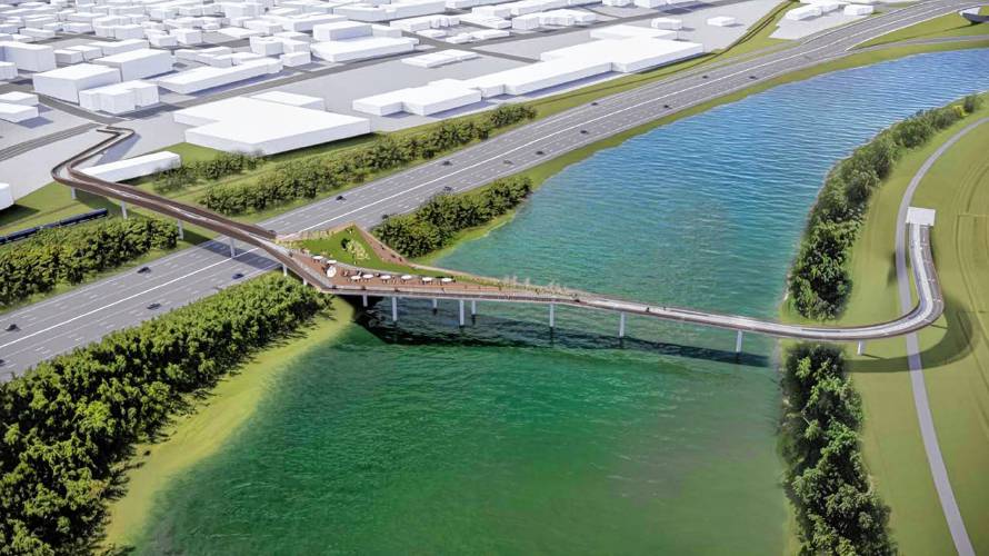 Renderings show what a deck park would look like if included in a bridge project. Spanning over the riverbank, it would cover just under a half square mile — roughly the size of Eagle Square — and could include space for picnics, outdoor seating, or food trucks. 