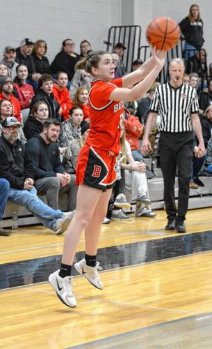 Belmont’s Maddie Carrier shoots a 3 during a Division III girls’ basketball preliminary round game at Prospect Mountain on Wednesday. Carrier led the Raiders with 12 points, all of them on 3-pointers, to keep the game close early on, but No. 6 Prospect Mountain eventually defeated No. 11 Belmont, 42-23. Belmont’s Maddie Carrier shoots a 3 during a Division III girls’ basketball preliminary round game at Prospect Mountain on Wednesday. Carrier led the Raiders with 12 points, all of them on 3-pointers, to keep the game close early on, but No. 6 Prospect Mountain eventually defeated No. 11 Belmont, 42-23.