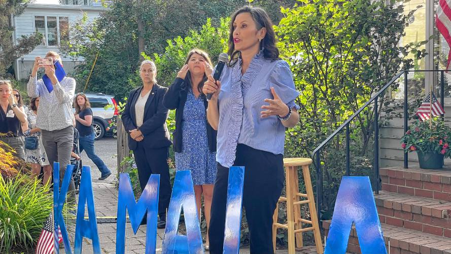 Democratic Gov. Gretchen Whitmer of Michigan held a house party in Durham Thursday evening during her third and final campaign event of the day on behalf of Kamala Harris in swing state New Hampshire.