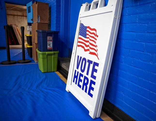 A voting sign leans against a wall at the Green Street Community Center on Monday, September 9, 2024. A voting sign leans against a wall at the Green Street Community Center on Monday, September 9, 2024.