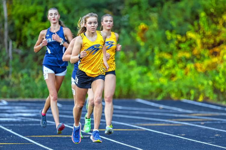 Bow’s Hannah Pawlowski leads the pack early on her home course. Pawlowski continued on to win the race on Wednesday.