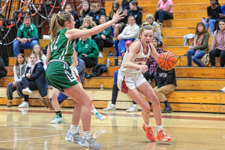 Whitney Vaillant (right) dribbles the ball for Concord against Dover’s Tory Vitko on Friday.