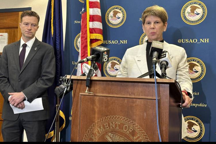 U.S. Attorney Jane Young, righT, announces the arrests of a Keene couple accused of taking sexually explicit photos of a young girl. Young spoke at a news conference in Concord on Wednesday, March 20, 2024, along with William Crogan of the Department of Homeland Security.