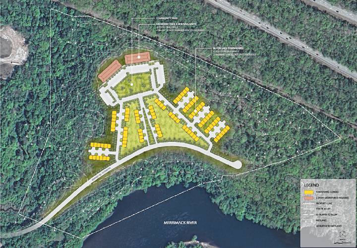 A rendering of New England Family Housing’s proposal to put 100 units of affordable housing and 94 condominiums on 40 acres of land along the Merrimack River in Penacook. 