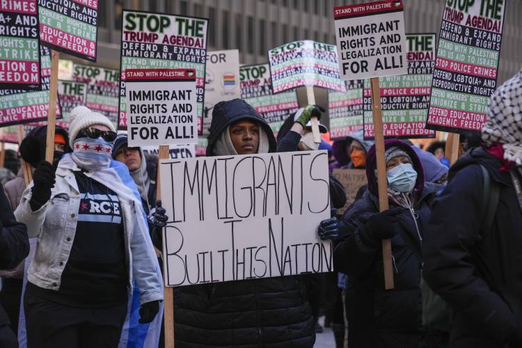 Anti-Trump protesters rally for immigrant rights, the Israel-Hamas war, women’s reproductive rights, racial equality and more on Jan. 20 in Chicago. Anti-Trump protesters rally for immigrant rights, the Israel-Hamas war, women’s reproductive rights, racial equality and more on Jan. 20 in Chicago.