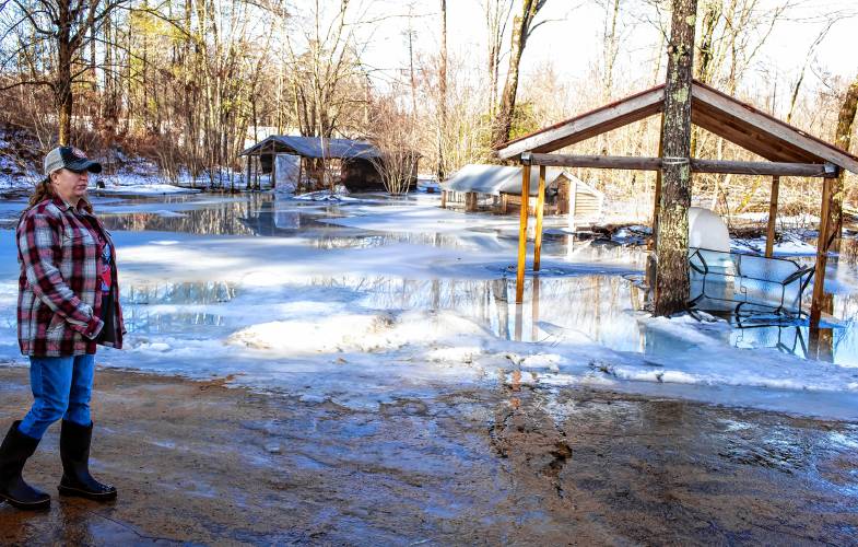 Tessa Dyer stands in her backyard that is unrecognizable under the water and ice that has engulfed her property in Loudon, off of Route 106 on Wednesday, January 10, 2024.