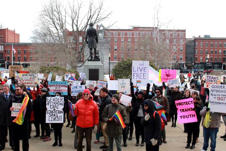 Large crowds showed up at the New Hampshire State House on March 7, 2023, to push back on a slate of Republican-sponsored bills that would curtail the rights of LGBTQ+ youth. Large crowds showed up at the New Hampshire State House on March 7, 2023, to push back on a slate of Republican-sponsored bills that would curtail the rights of LGBTQ+ youth.