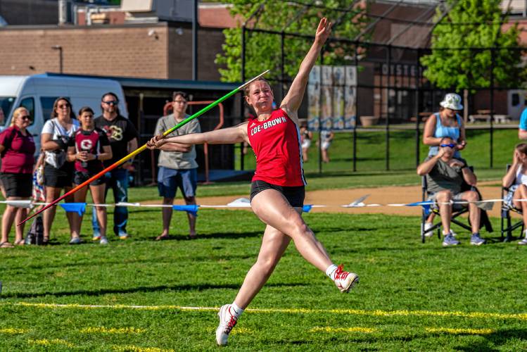 Coe-Brown’s Emma Zeblisky throws the javelin at the NHIAA Division II championship on Friday at Oyster River High School in Durham. Zeblisky won the javelin with a toss of 114 feet, 5 inches. Coe-Brown swept the throwing events to finish second as a team.