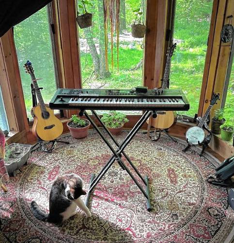 A keyboard set up in the bay window.
