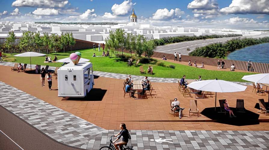 Renderings show what a deck park would look like if included in a bridge project. Spanning over the riverbank, it would cover just under a half square mile — roughly the size of Eagle Square — and could include space for picnics, outdoor seating, or food trucks. 